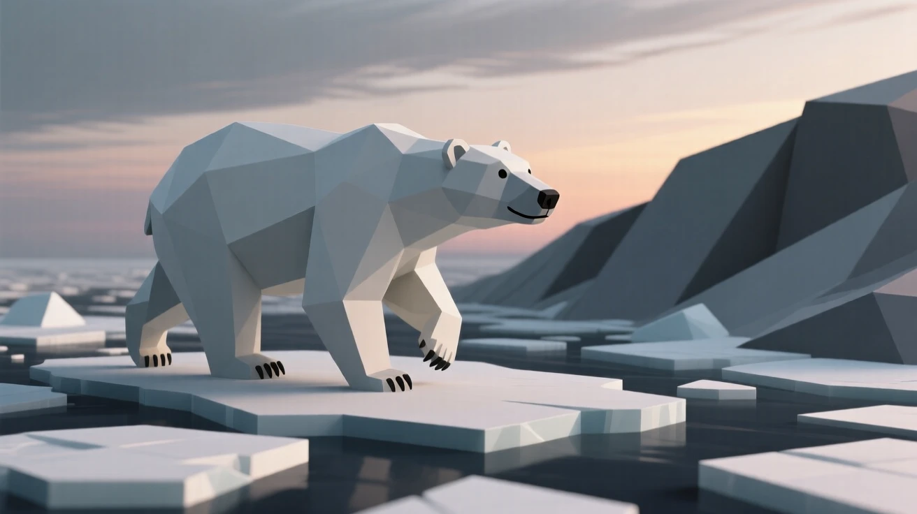 A polar bear walking across drifting ice, on a windswept ridge at dusk. the framing draws the eye directly to its gaze. The mood is tender and intimate.