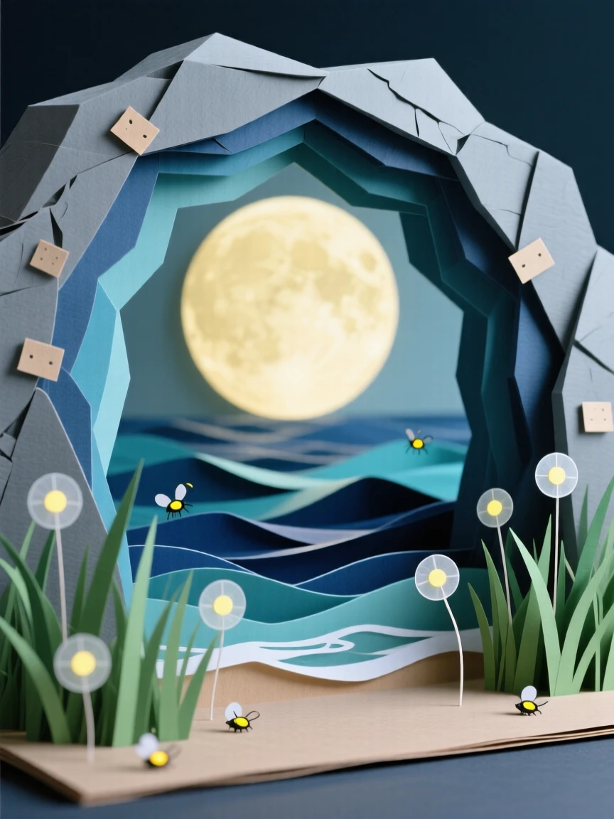 A dramatic sea arch carved by centuries of waves under a glowing full moon, with fireflies glowing softly in the grass, evoking serene, meditative contemplation.
