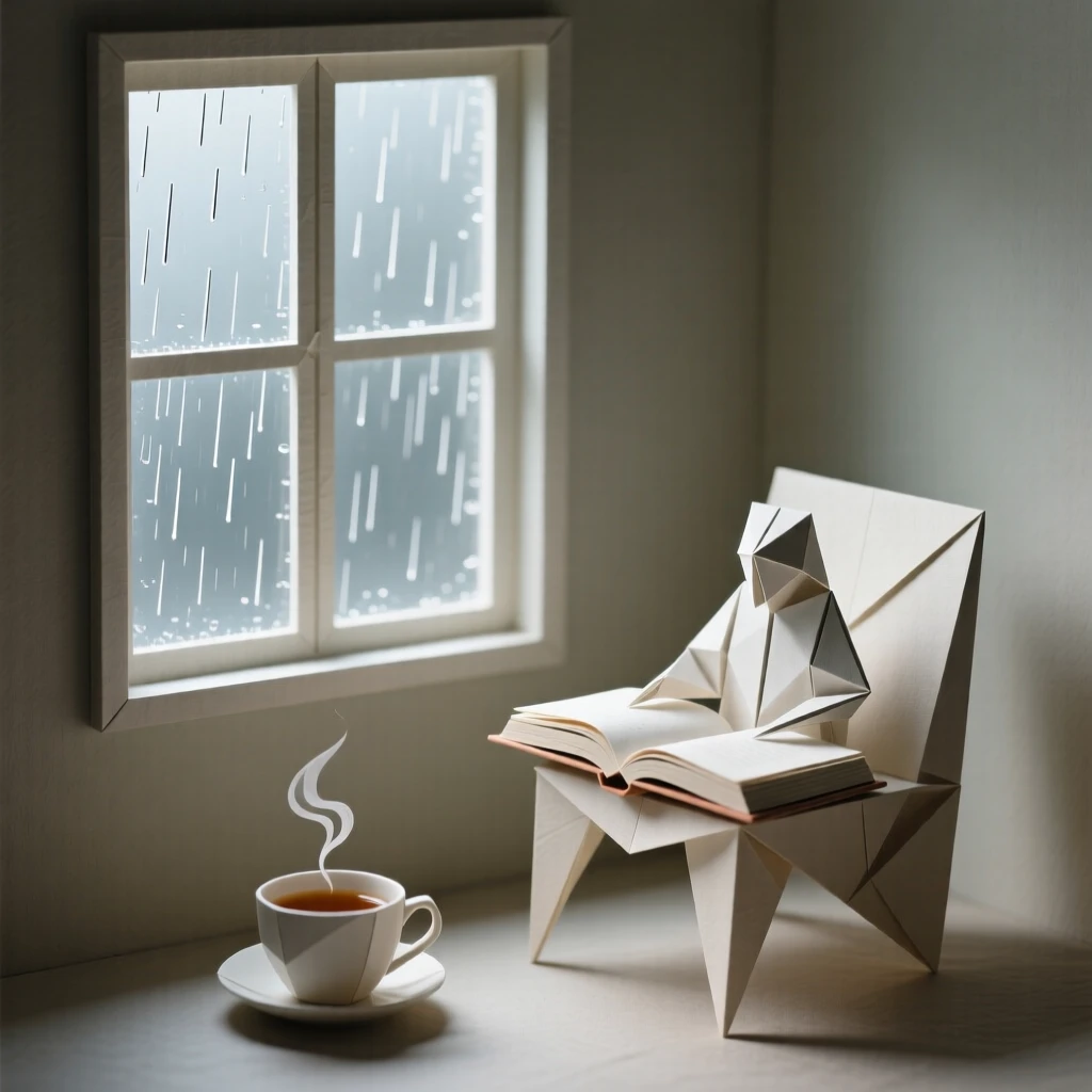 A cozy reading nook by a rain-streaked window, a cup of tea steaming beside an open book.
