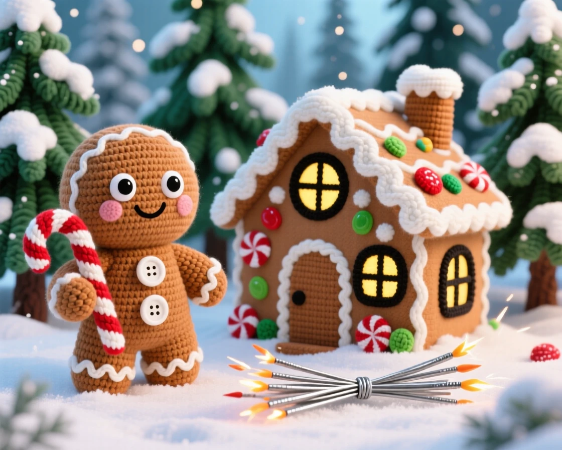a cheerful gingerbread character, with icing buttons and a candy cane, is shown standing beside a decorated gingerbread house in a frosty pine forest dusted with fresh snow beside a bundle of sparklers ready to light, capturing playful delight in seasonal change.
