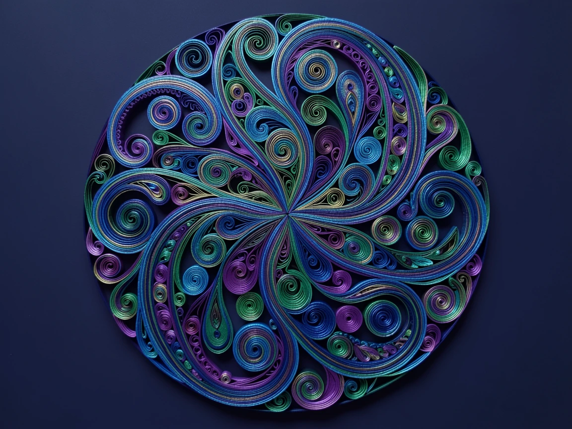 An elegant design featuring a swirling paisley pattern arranged in a perfect circle, composed with a strong central focal point, with a subtle iridescent shimmer, displayed against a deep navy backdrop.