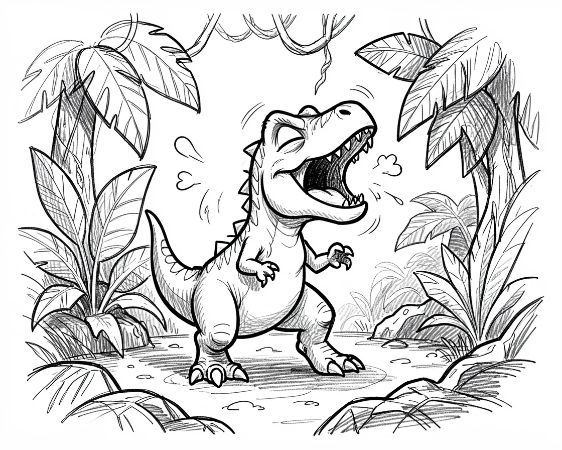 A young dinosaur learning to roar in a prehistoric jungle clearing.