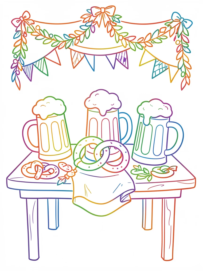 A festive Oktoberfest table with steins, pretzels, and traditional decor.