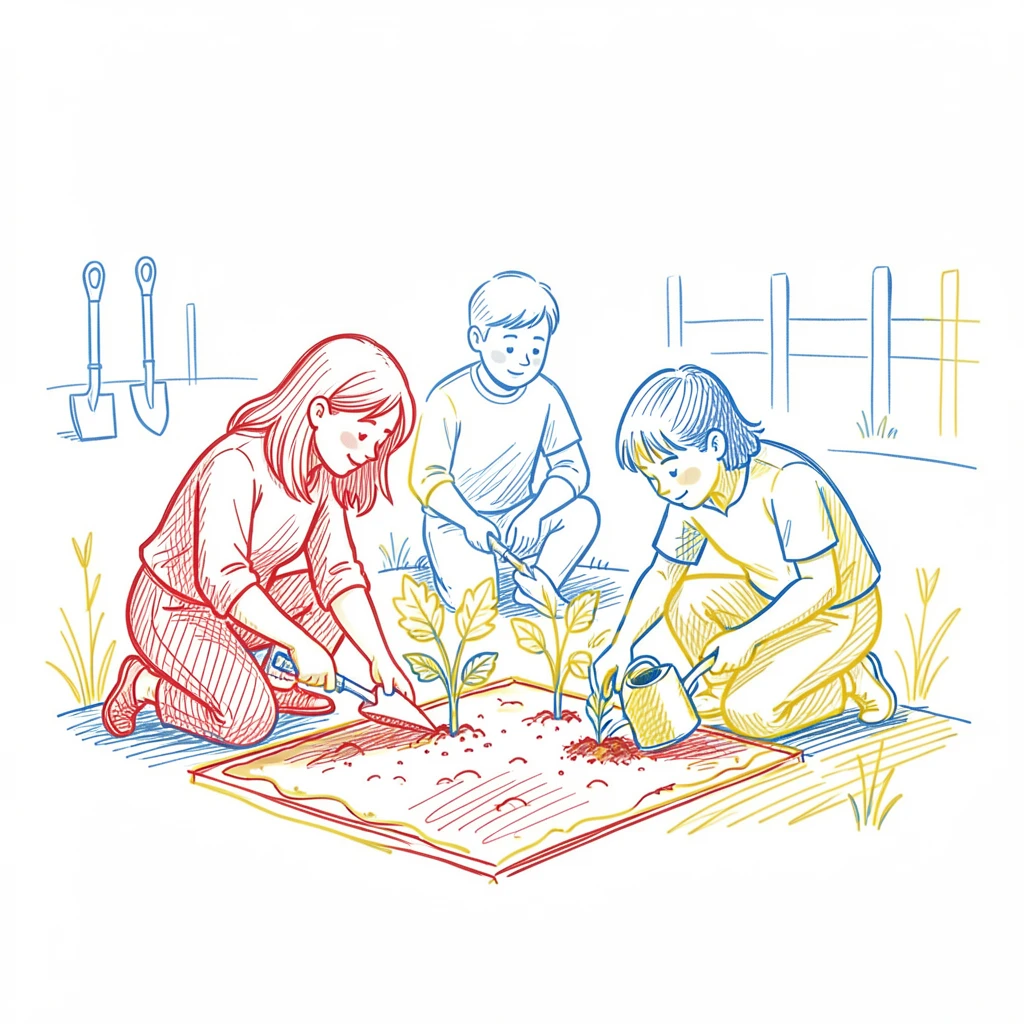 A family planting a vegetable garden together in spring