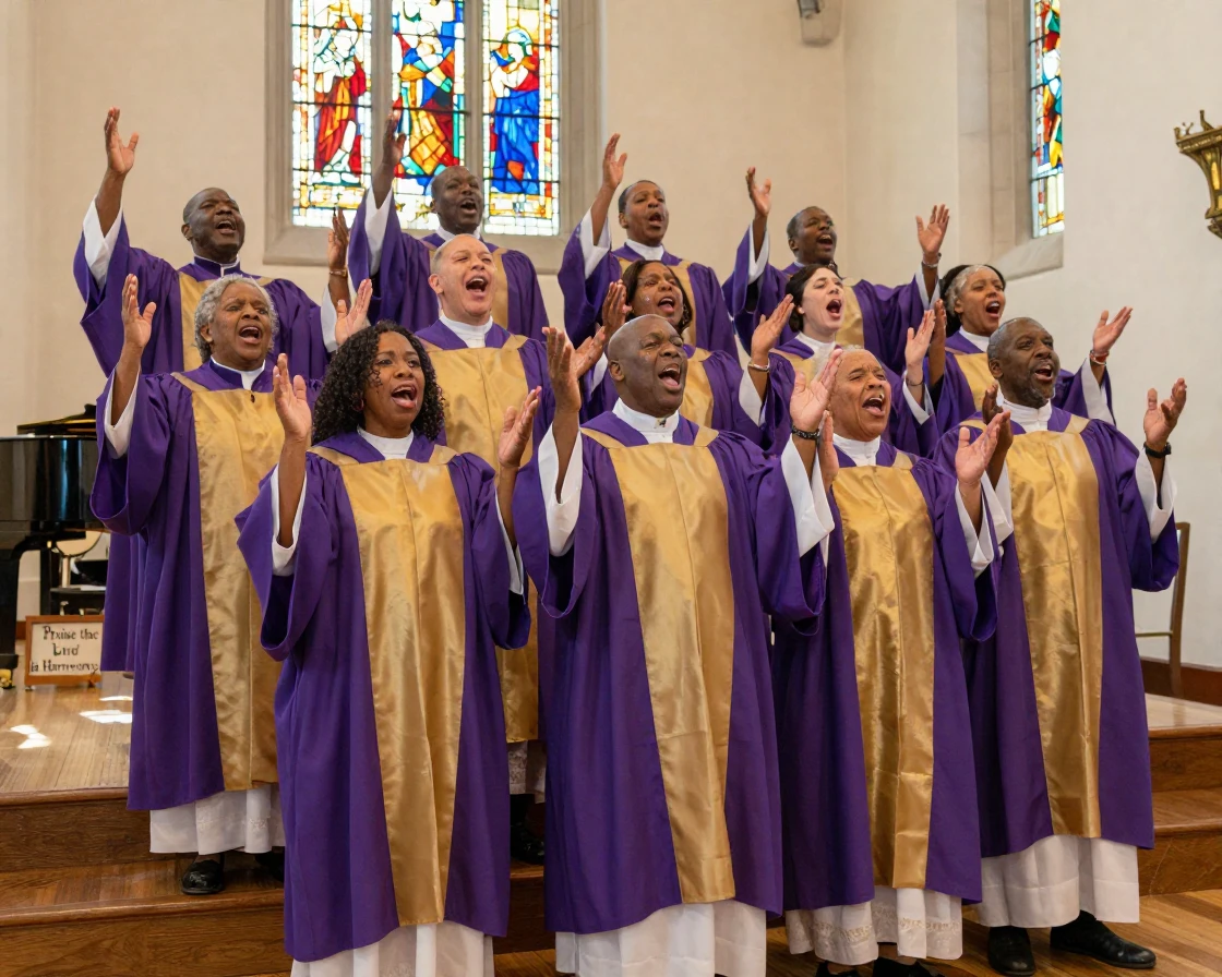 A gospel choir singing with raised hands