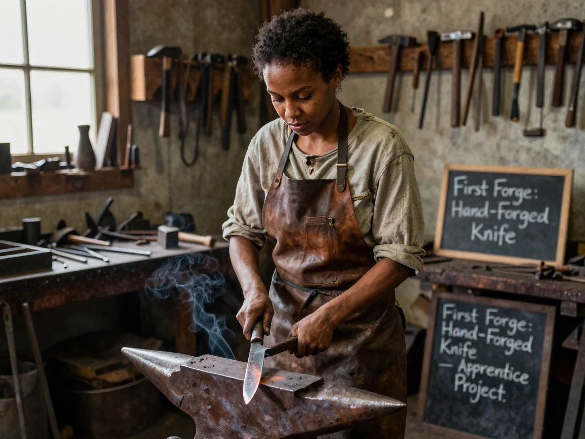 A blacksmith apprentice completes her first hand-forged knife.