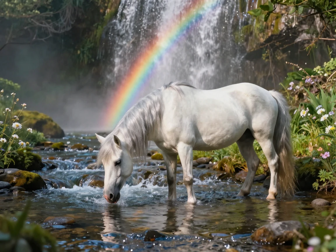 A unicorn drinking from a crystal-clear stream beneath a rainbow waterfall