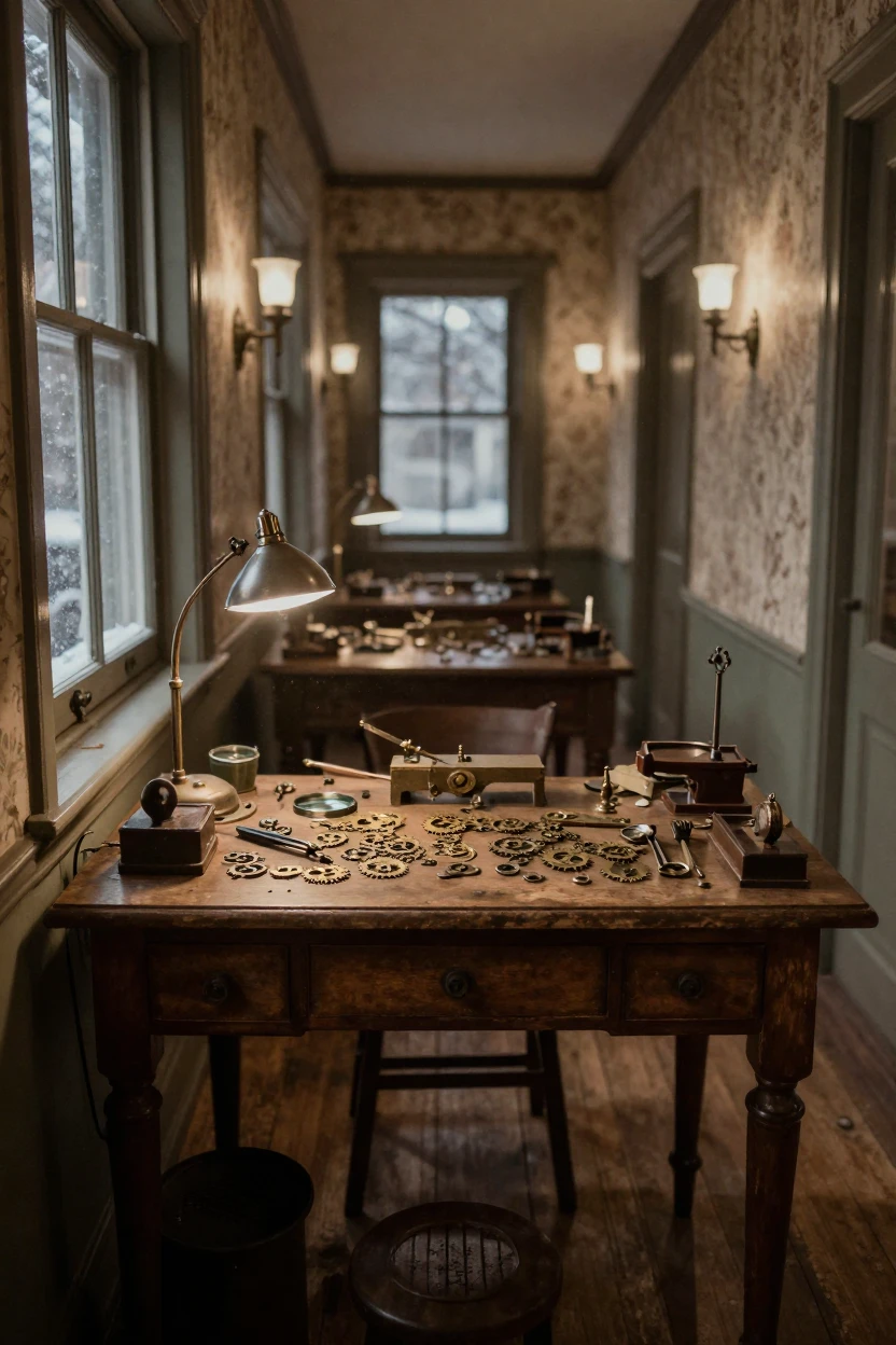 A watchmaker's cluttered desk covered in tiny brass gears, under moonlight, amid gently falling snow, in the mild days of early autumn, with a soft sepia-tinted glow, framed symmetrically down a long corridor.