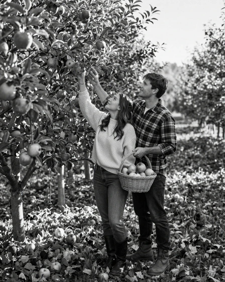 A young couple picks apples together in an orchard in a sunlit autumn orchard.