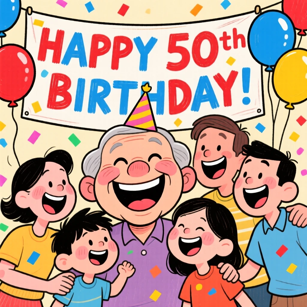 A family celebrating a milestone birthday with a large banner and balloons.