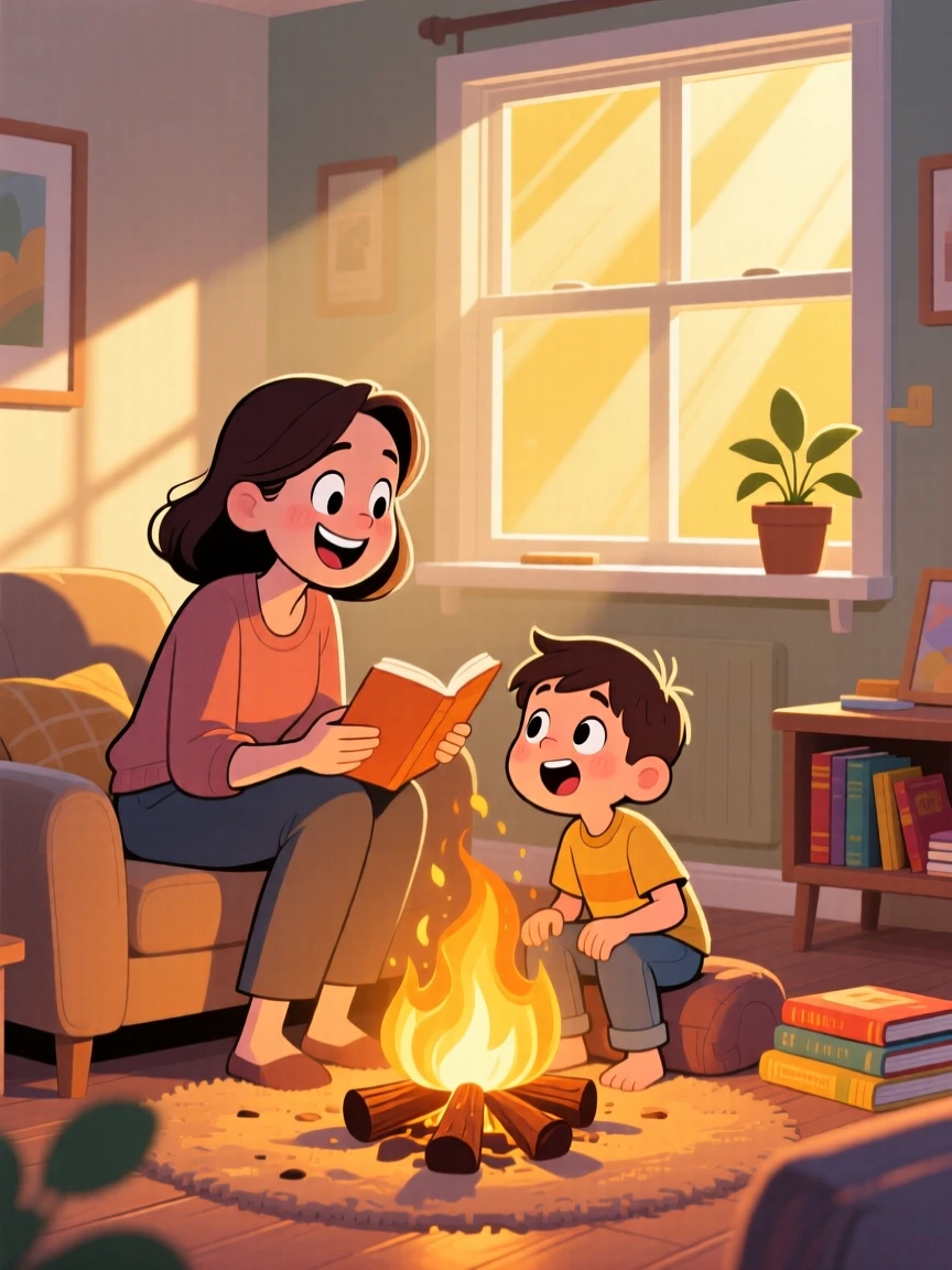 A heartwarming scene of a single mother and her son gathered around a campfire telling stories, as golden sunlight streams through the window.