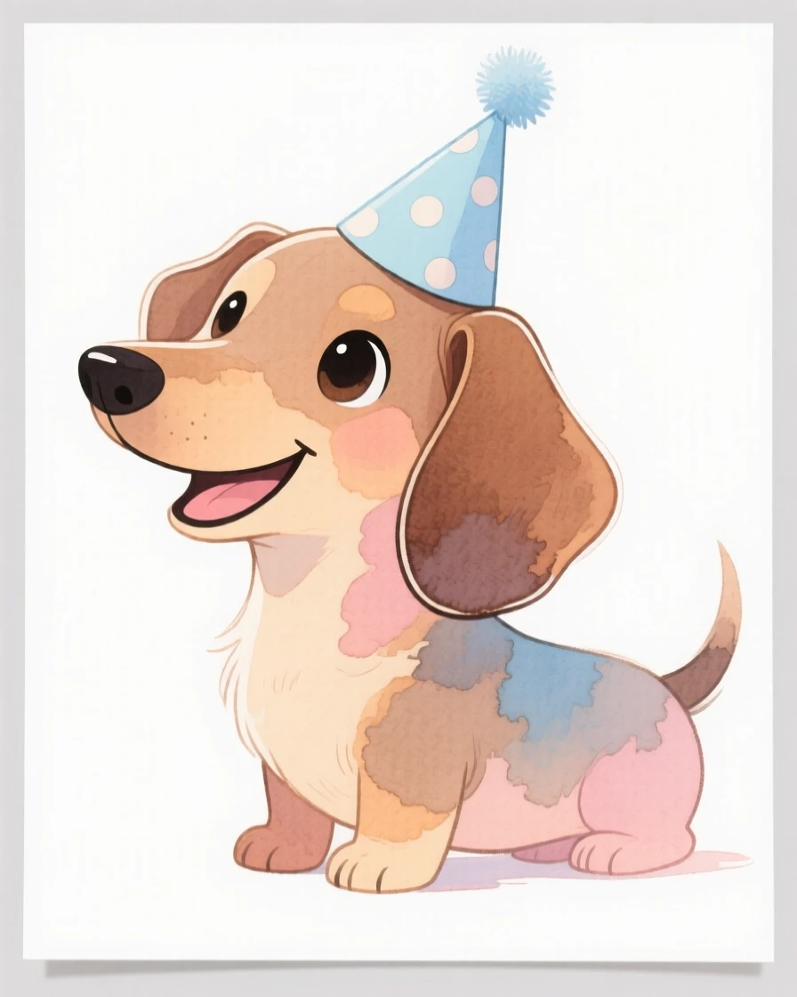 A dachshund puppy wearing a tiny party hat