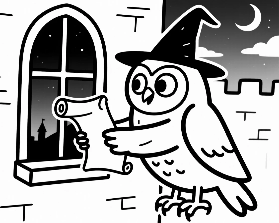 A wizard's owl messenger delivering a scroll to a castle window at dusk.