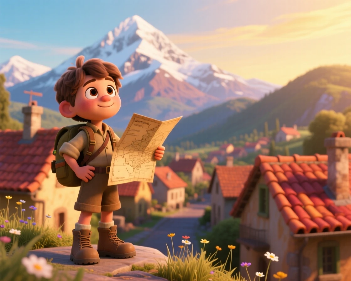 A young explorer with a map in hand stands in front of a snow-capped mountain range, sharing a quiet moment together. The mood is adventurous, peaceful, and awe-inspiring, with terracotta rooftops stretching into the distance.