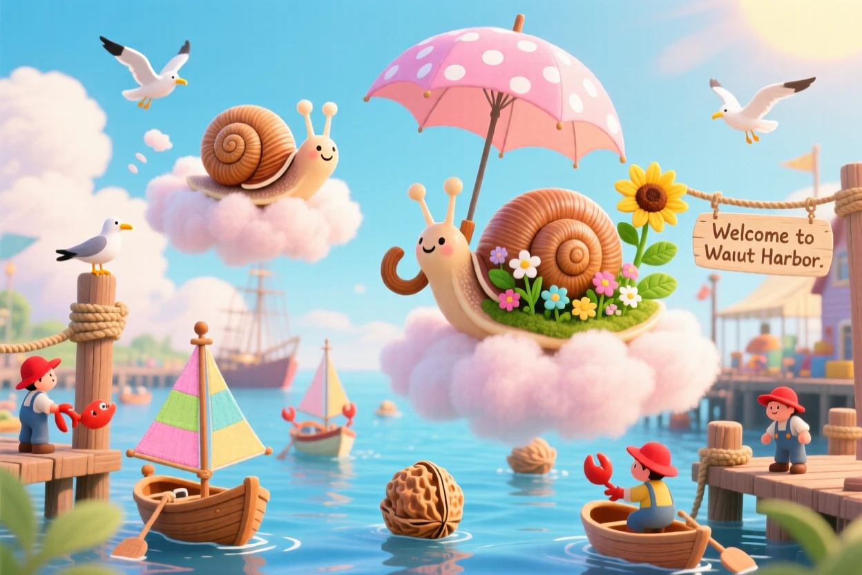 In a bustling harbor for walnut-shell boats, a snail carrying its own garden spends the day flying through the clouds using an umbrella, with everything slightly too big or too small in a charming way.