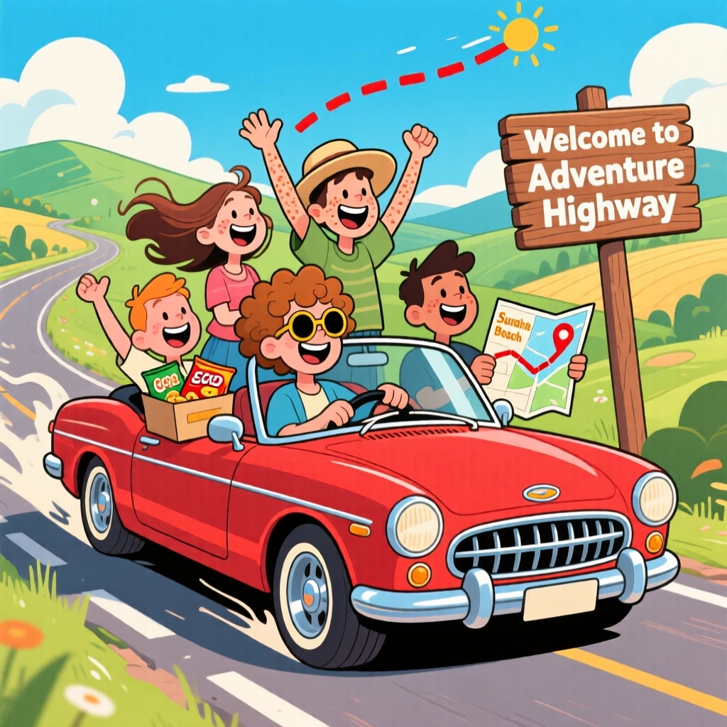 A group of friends taking a road trip with the windows down.