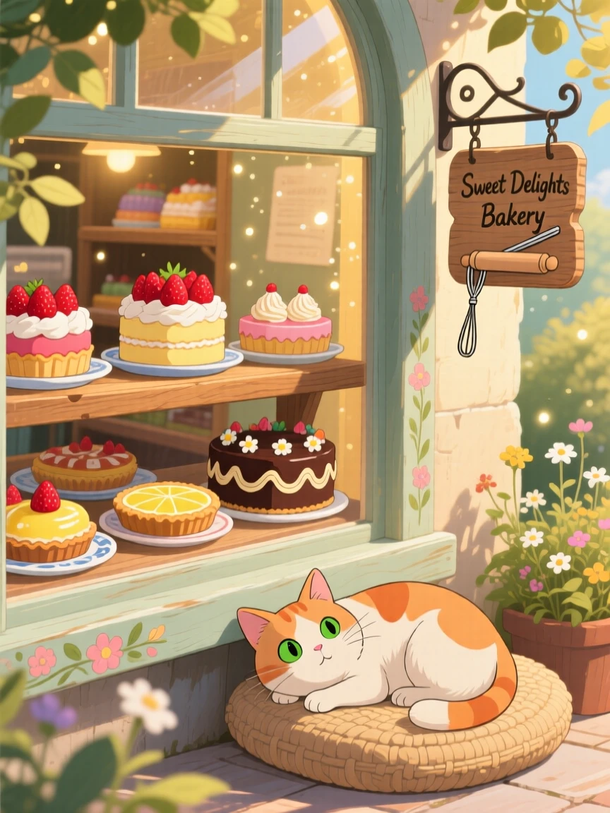 A warm, inviting scene of a small bakery window display of colorful cakes and tarts, with a cat dozing beside the display.