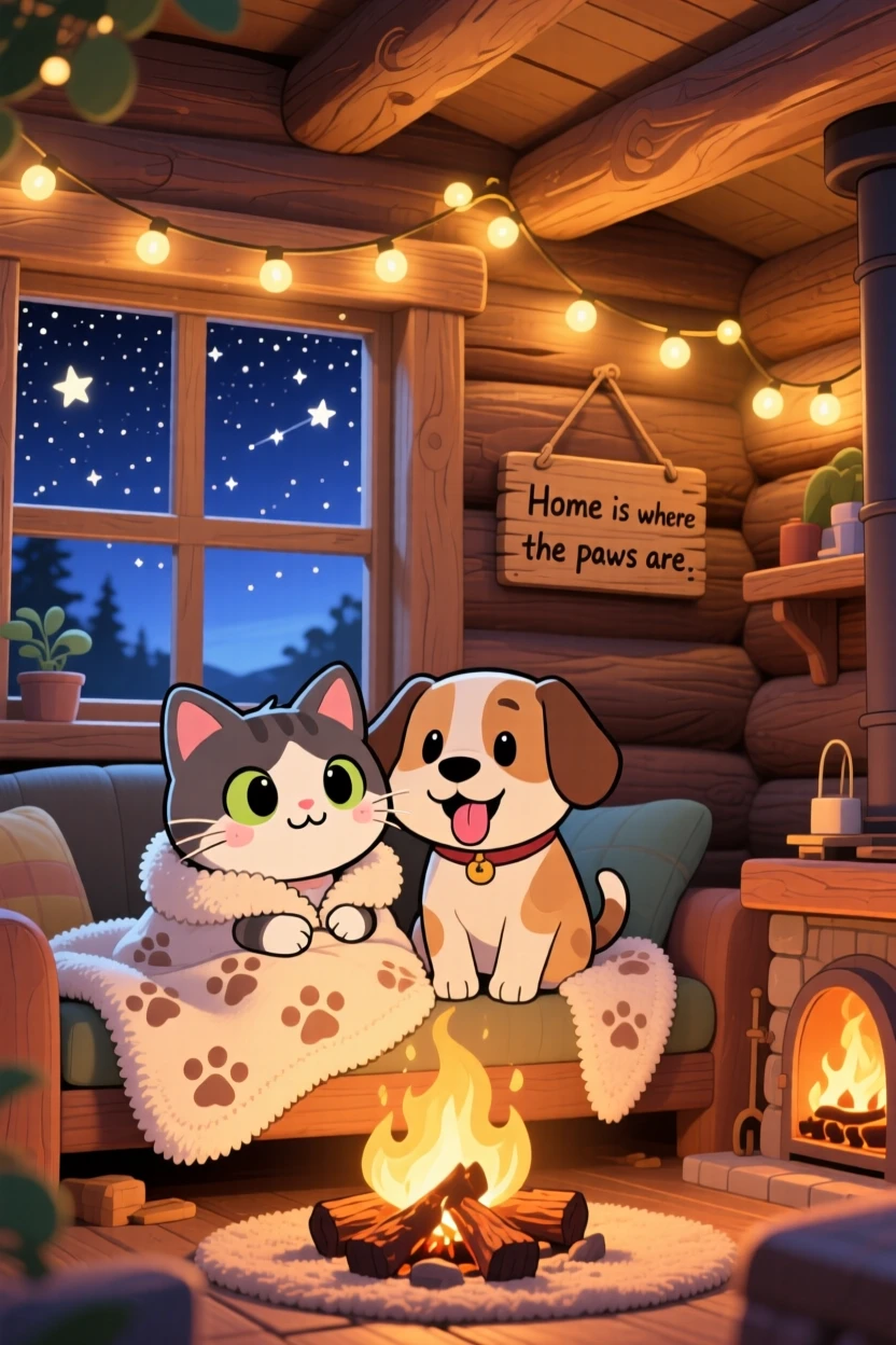 A cat and dog pair sharing a soft blanket by the fire in a rustic cabin living room under a starry midsummer night sky; warm fairy-light glow washes over the scene as playful mischief fills the moment. Worm's-eye view.