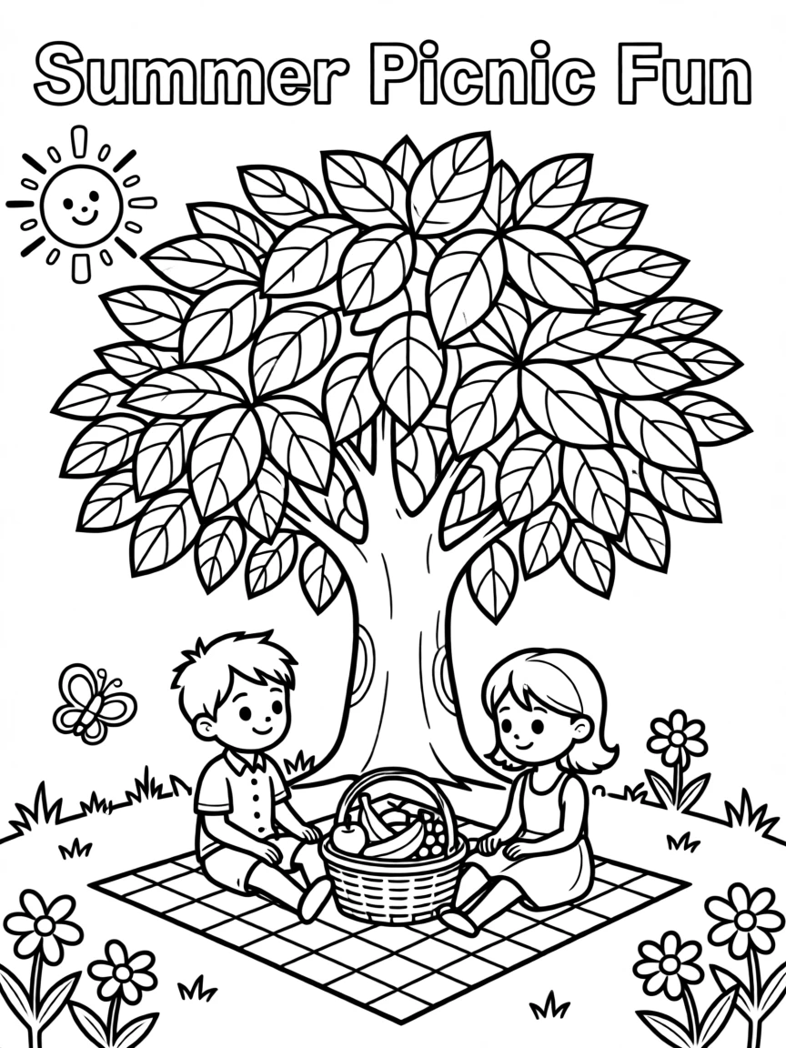 A summer picnic under a shady tree with a basket of fruit