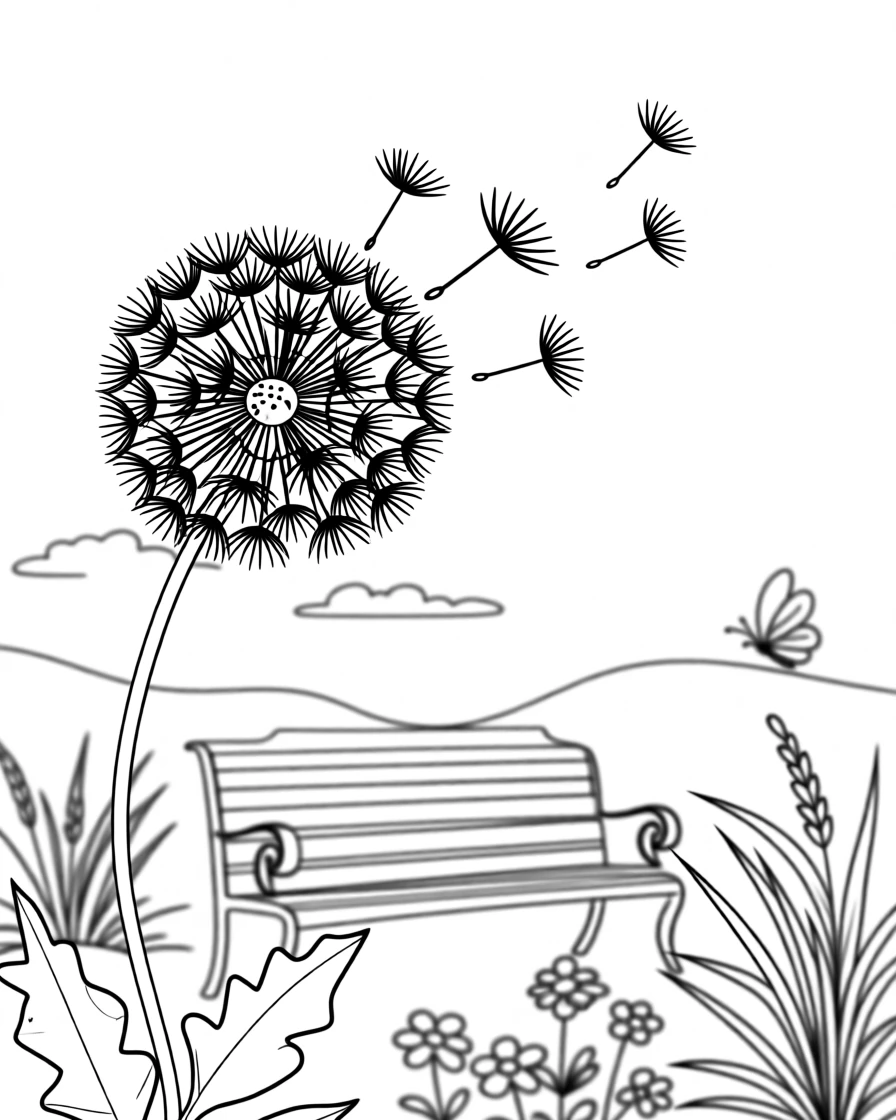 A single dandelion with seeds drifting in the breeze, with a garden bench softly visible in the background.