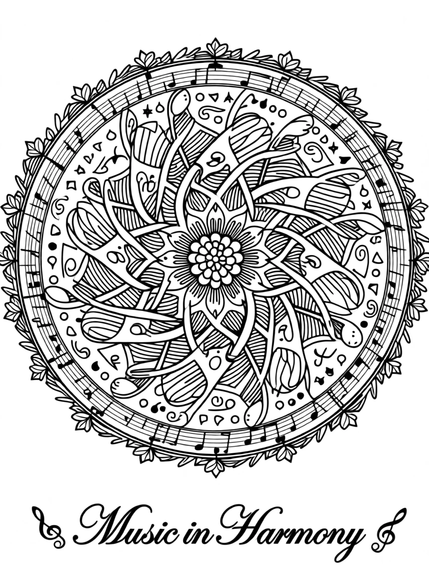 A mandala composed of interlocking musical notes and treble clefs.