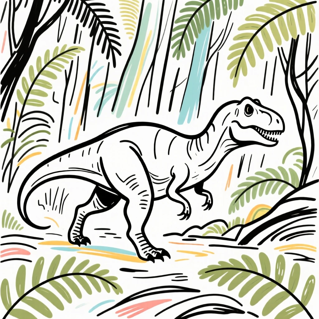 An Allosaurus prowling through a dense prehistoric fern forest.