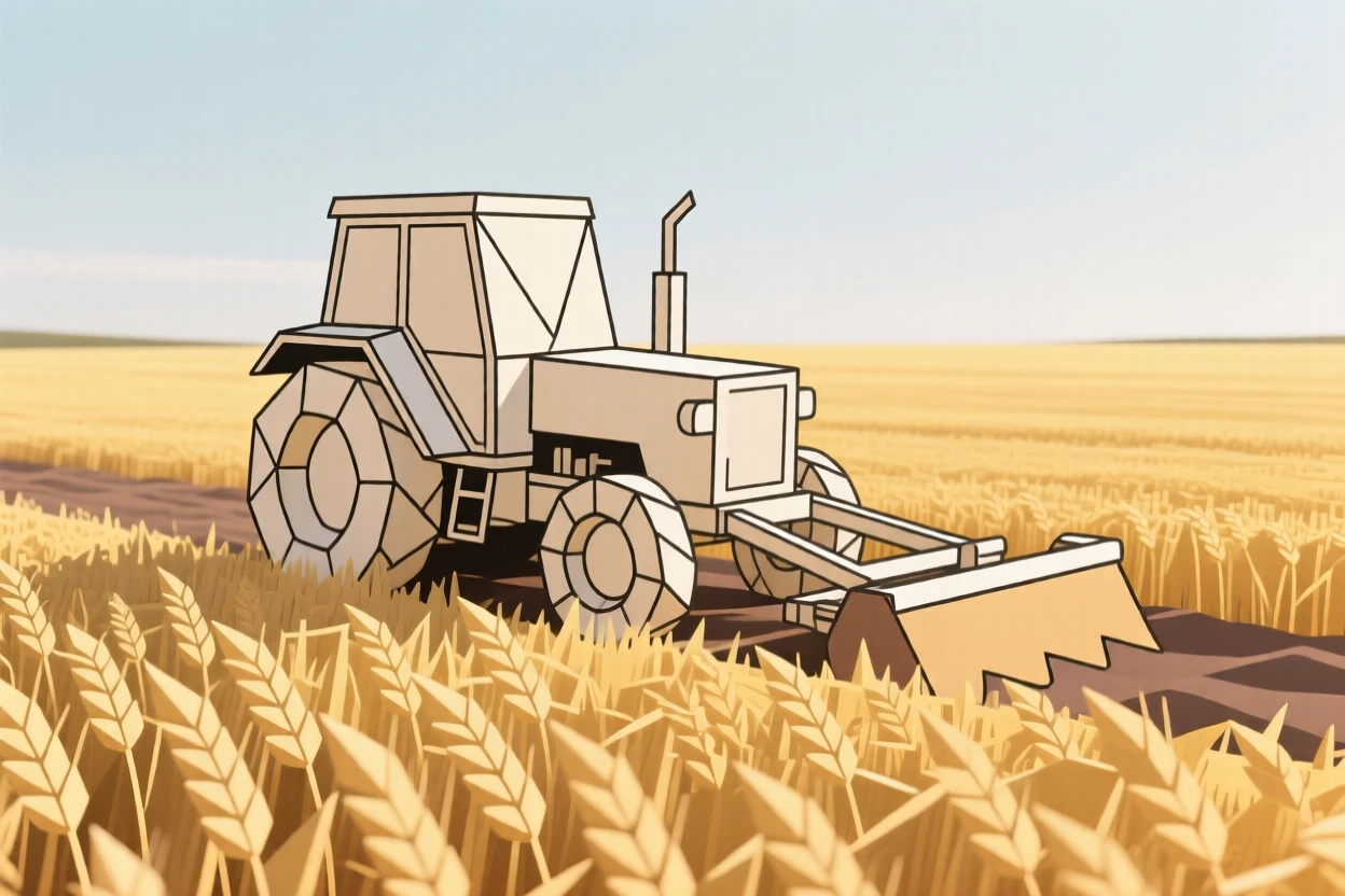 A tractor plowing through a golden wheat field