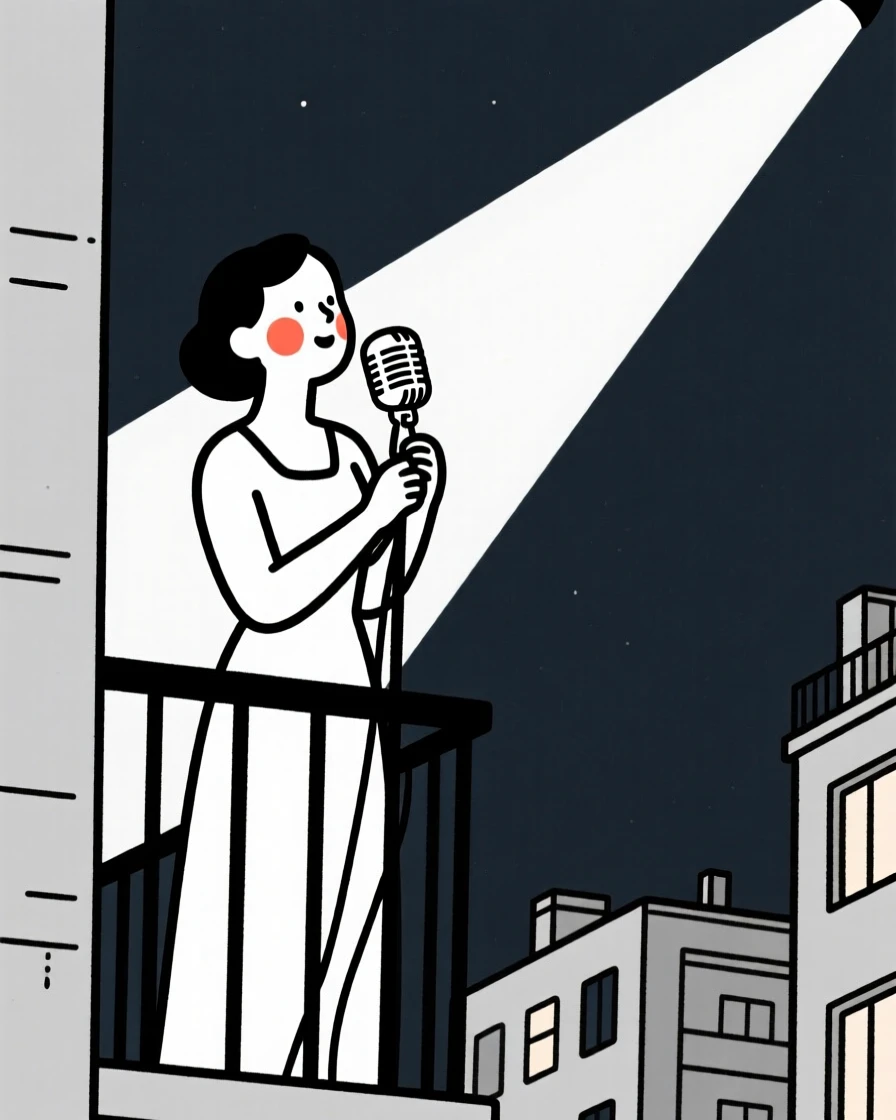 A jazz singer under a spotlight on a city balcony at night.