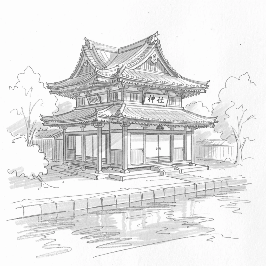 A stunning view of a traditional Japanese temple in the soft light of early morning, with reflections shimmering in a nearby canal.