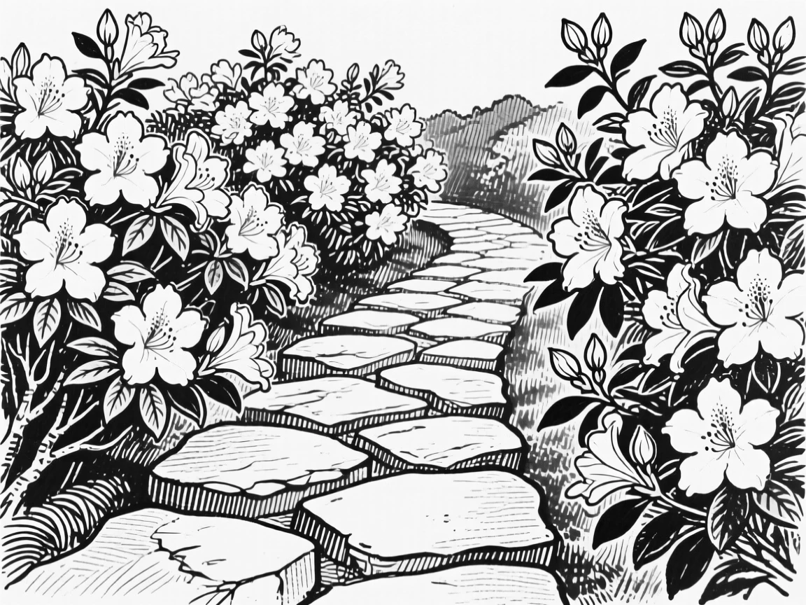 A cluster of blooming azaleas lining a stone garden path.