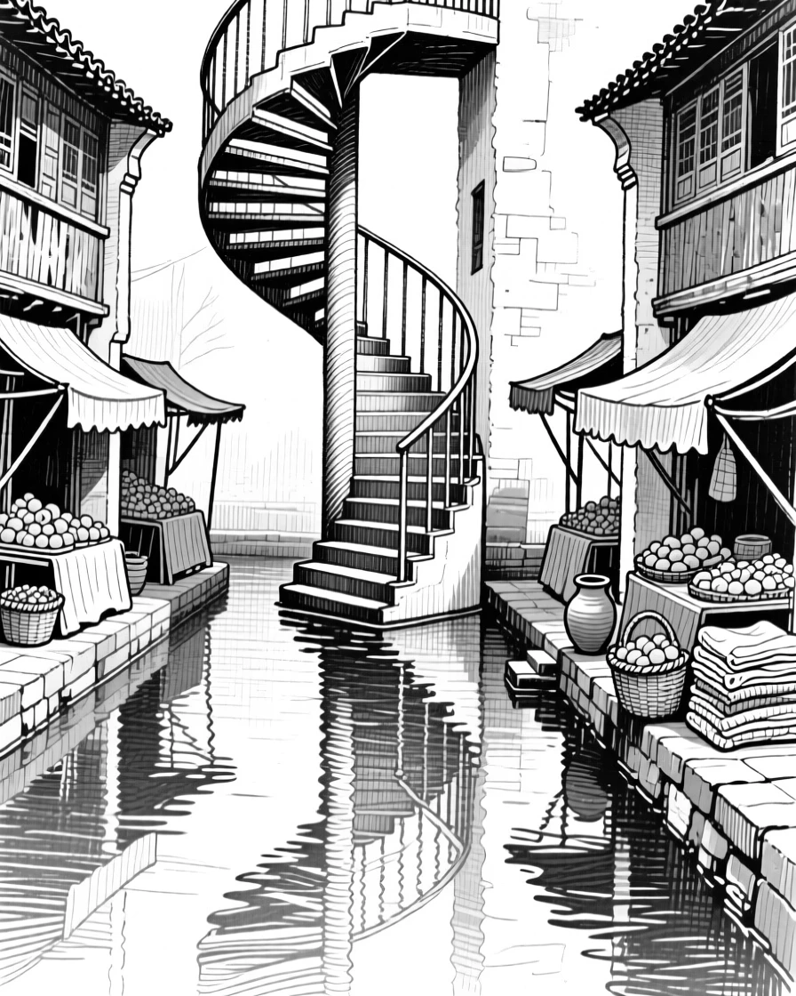 A sweeping spiral staircase reflected in a still canal, featuring market stalls tucked into the corners, rendered in an elegant and serene architectural composition.