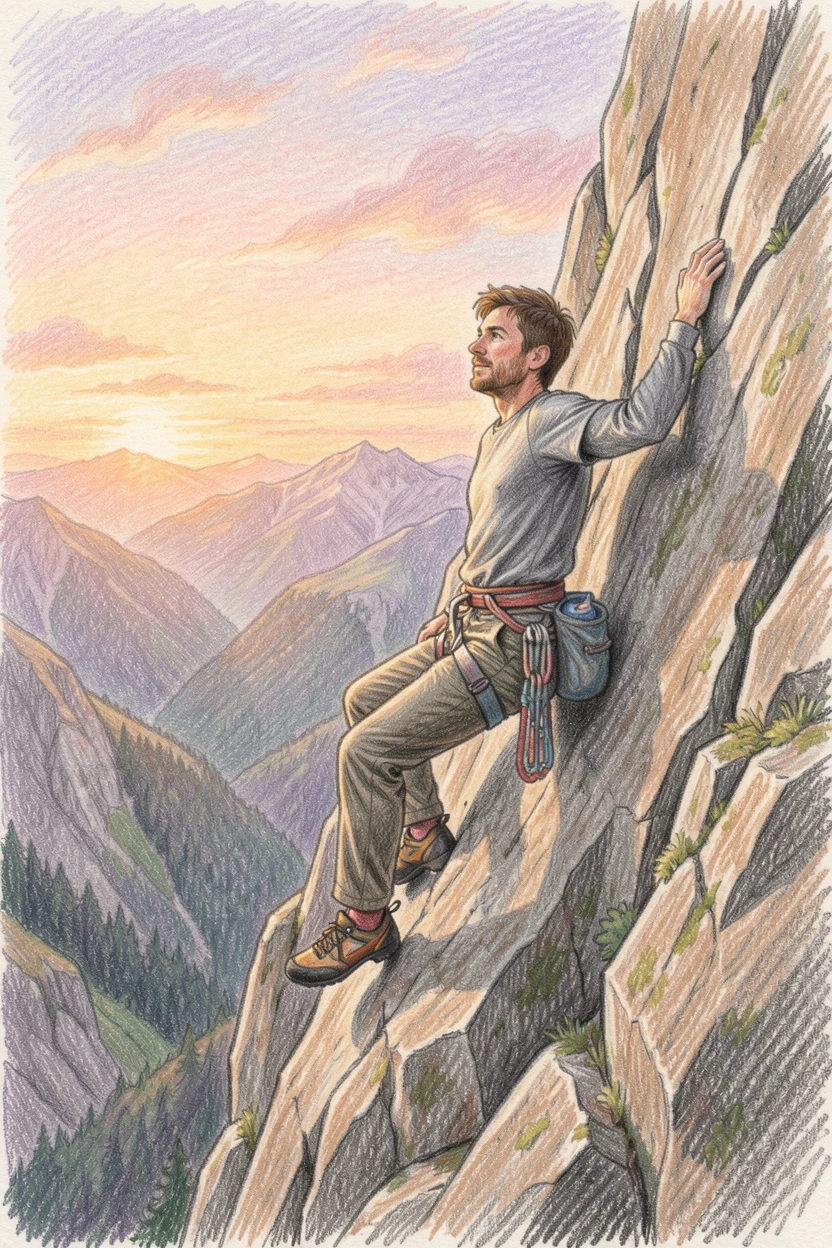 A rock climber pausing to admire the view from a cliffside, with warm natural light filling the scene, celebrating the quiet joy of craftsmanship and passion.