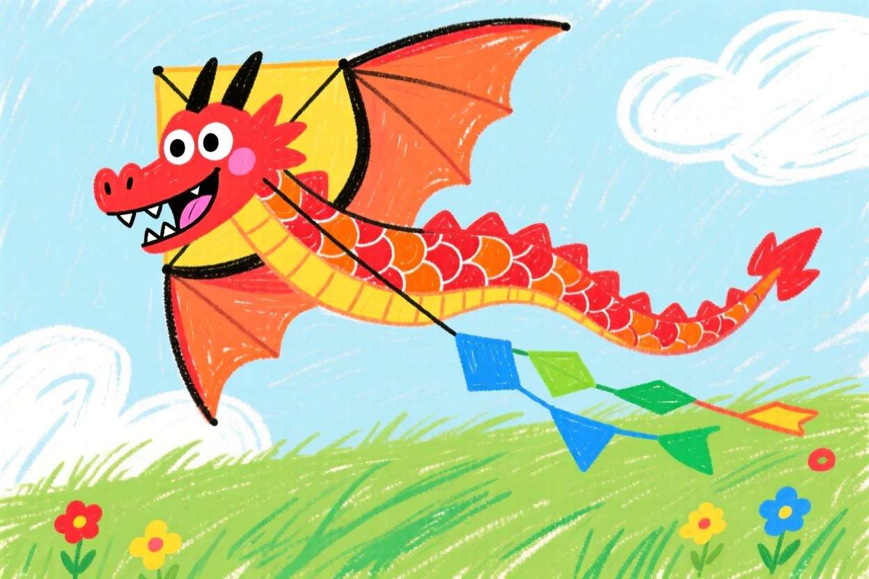 A kite shaped like a dragon soaring high above a green field.
