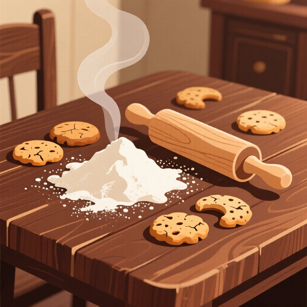 A home baking session with flour, rolling pin, and fresh cookies, placed on a rustic wooden table with warm tones, arranged with soft curves and gentle organic lines, with subtle steam rising to add a warm, lived-in feel.