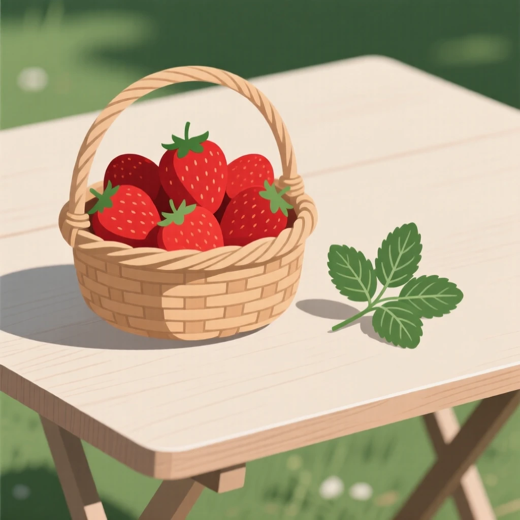 A homemade basket of ripe strawberries cooling near a sprig of mint on a garden table at brunch, expressing simple satisfaction.