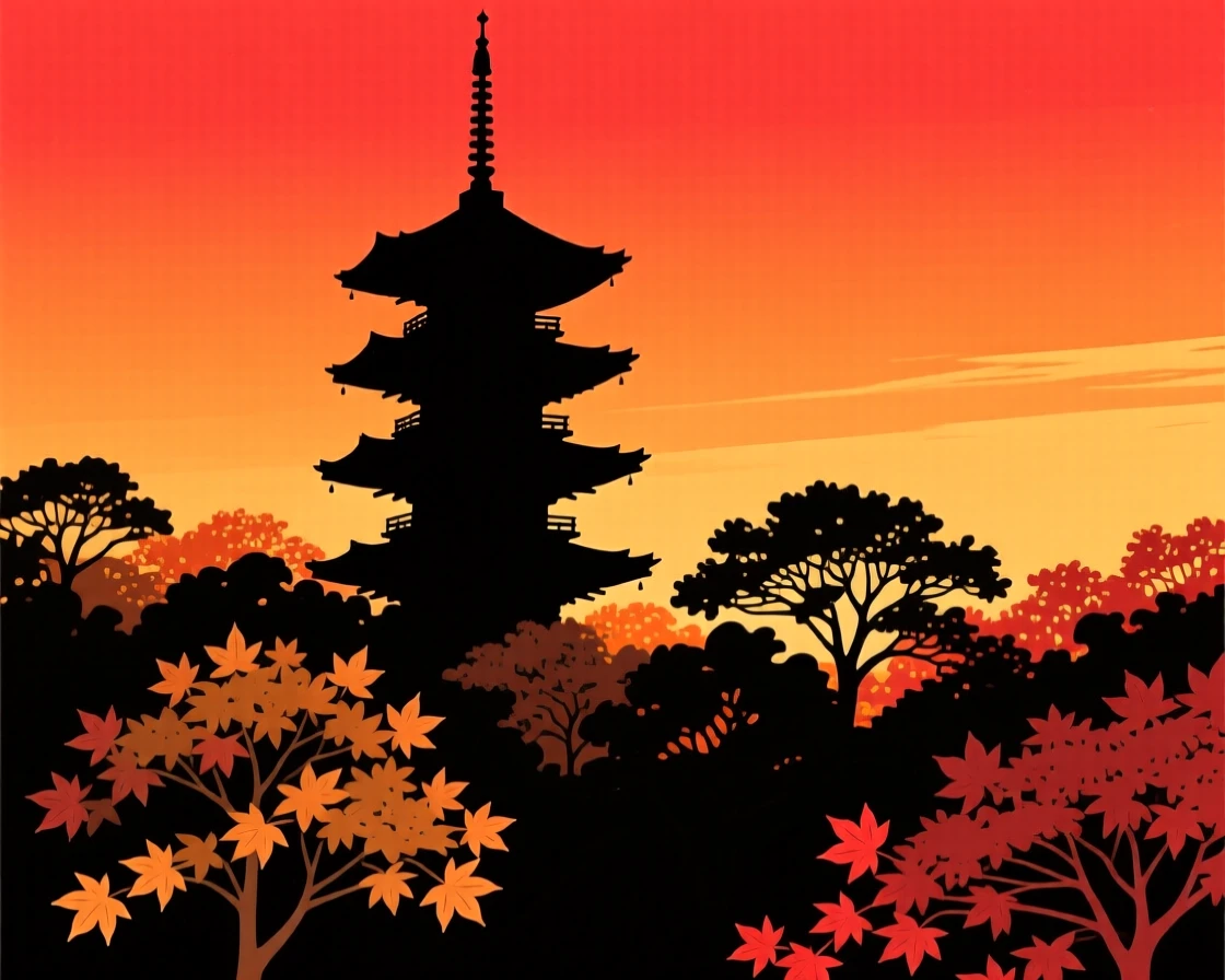 A tall pagoda rising above a grove of maple trees in autumn.