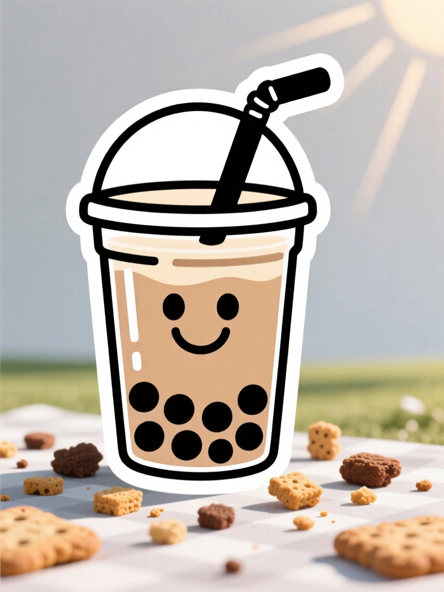 A mouthwatering cup of bubble tea with a smiley face design, surrounded by scattered crumbs, in a sunny outdoor picnic setting.