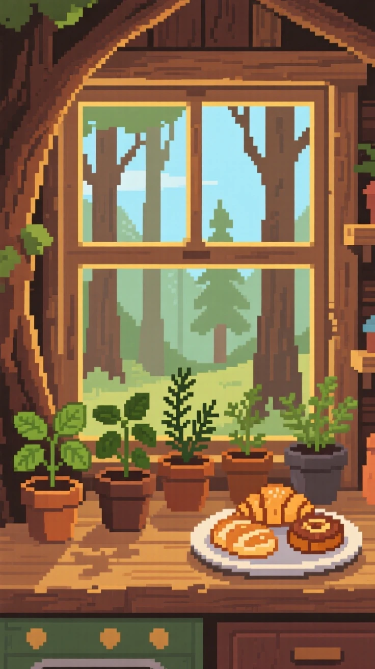 A windowsill herb garden set with a plate of fresh pastries, in a treehouse overlooking a quiet forest.