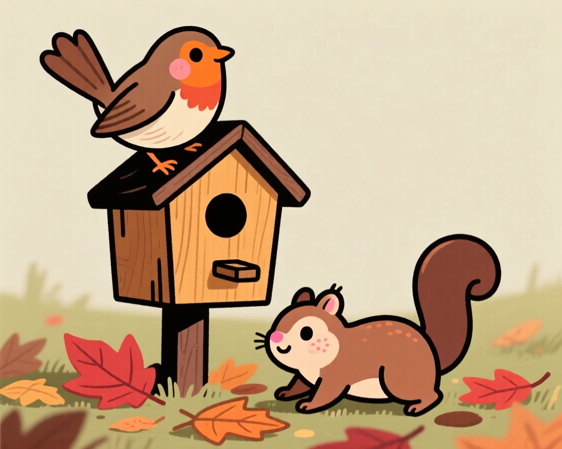 A robin perches on a wooden birdhouse, fluffing its wings while a chipmunk moves quietly through the fallen leaves below.