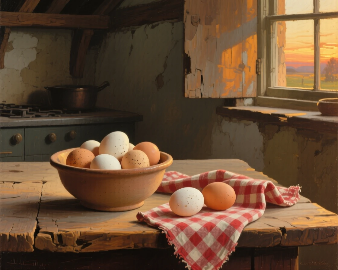 A centered composition of a bowl of fresh eggs beside a gingham cloth in a farmhouse kitchen, in the 18th century, in the last light of sunset.