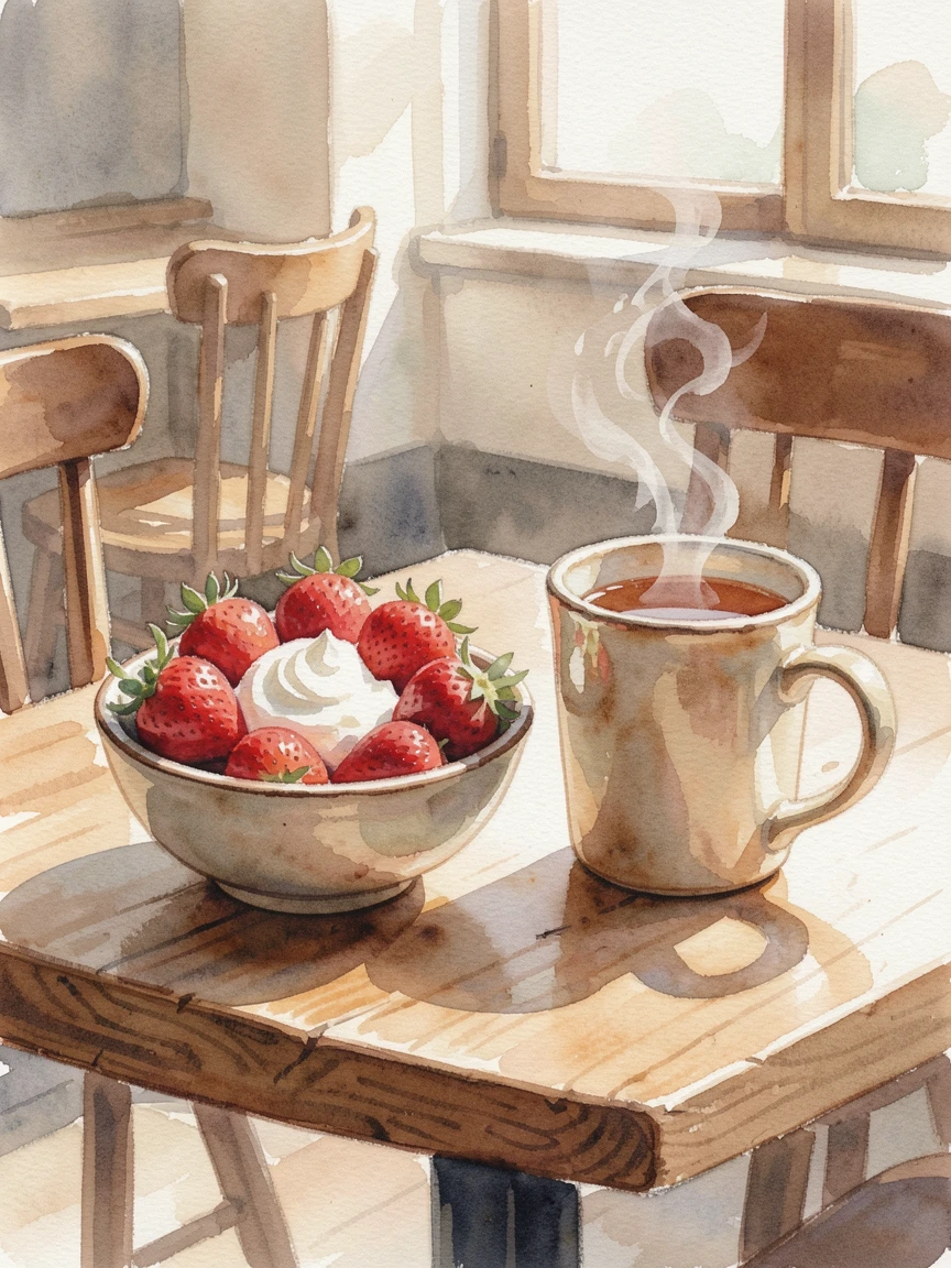 A bowl of fresh strawberries and cream in a cozy cafe setting with a warm mug of tea alongside.
