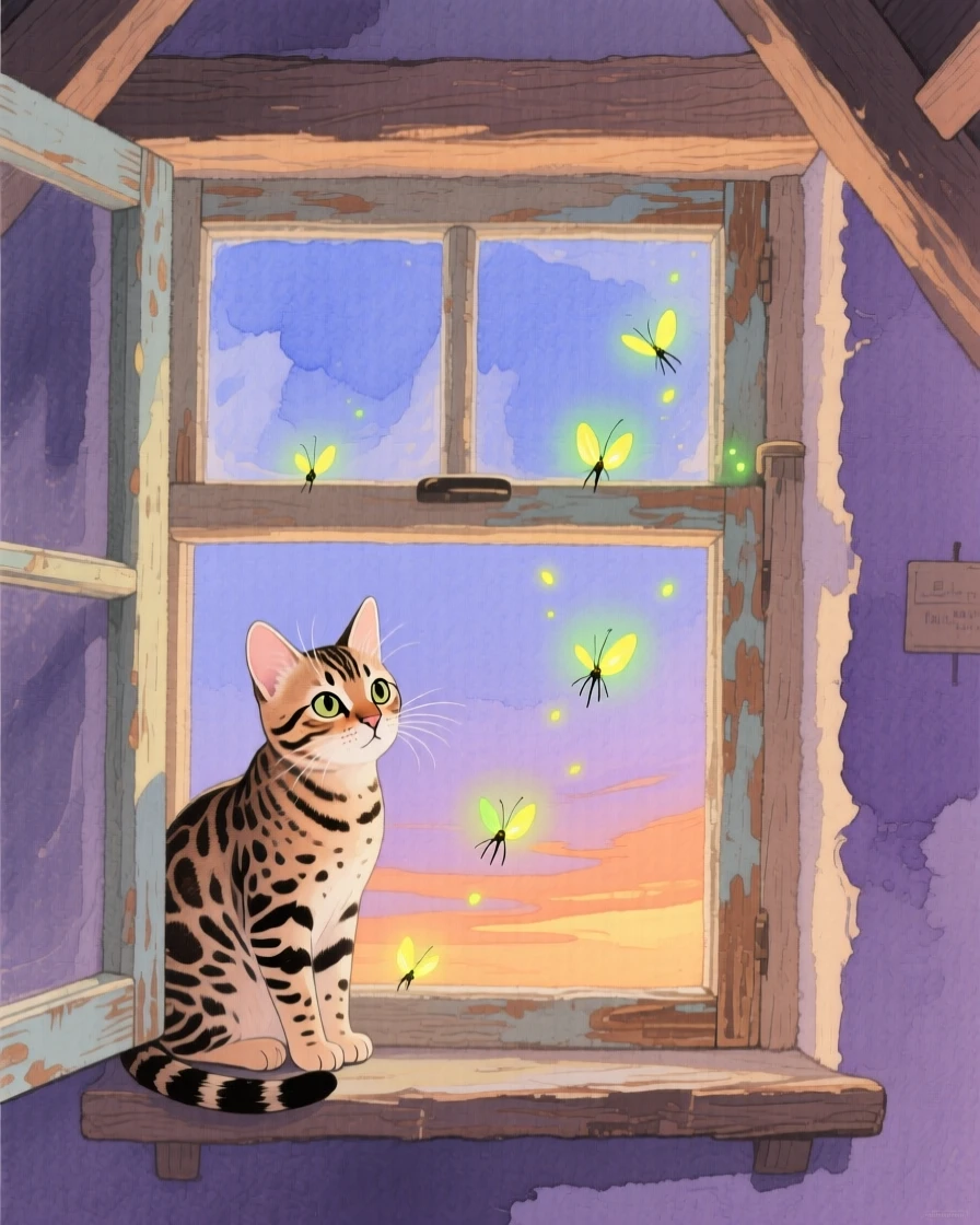 A Bengal kitten peeks out curiously in a cozy attic window, as fireflies begin to glow at dusk