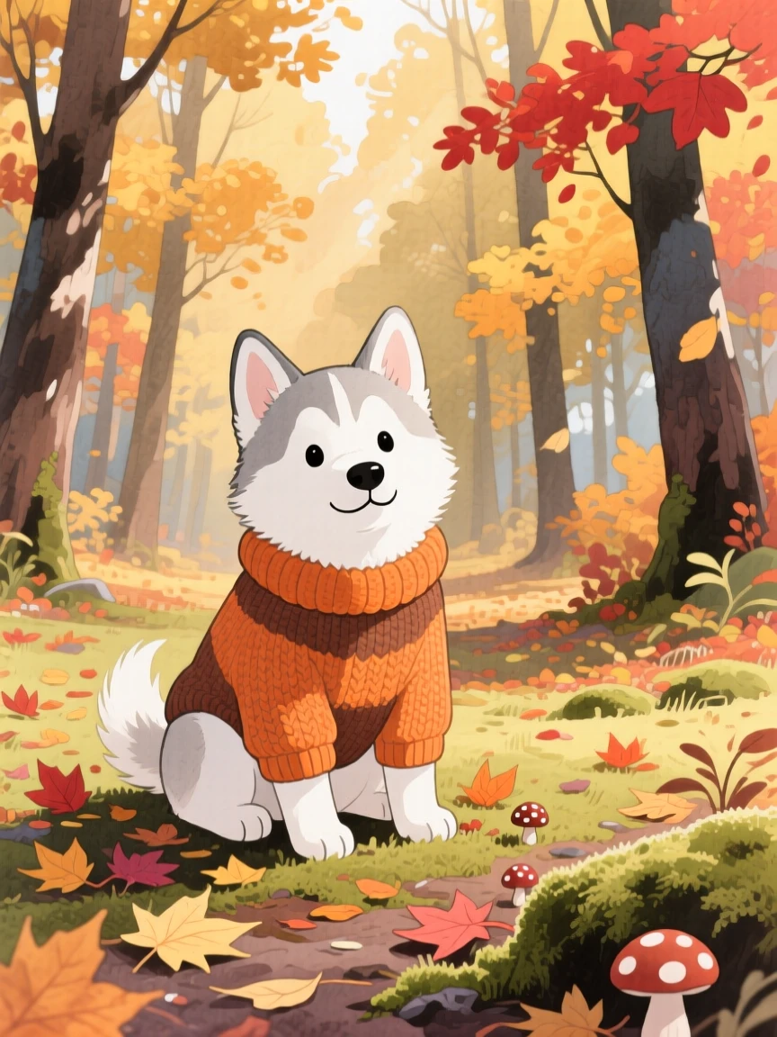 A snow-white husky puppy wearing a tiny knitted sweater on a crisp autumn day, set in a quiet forest clearing dappled with sunlight, brimming with cozy comfort.
