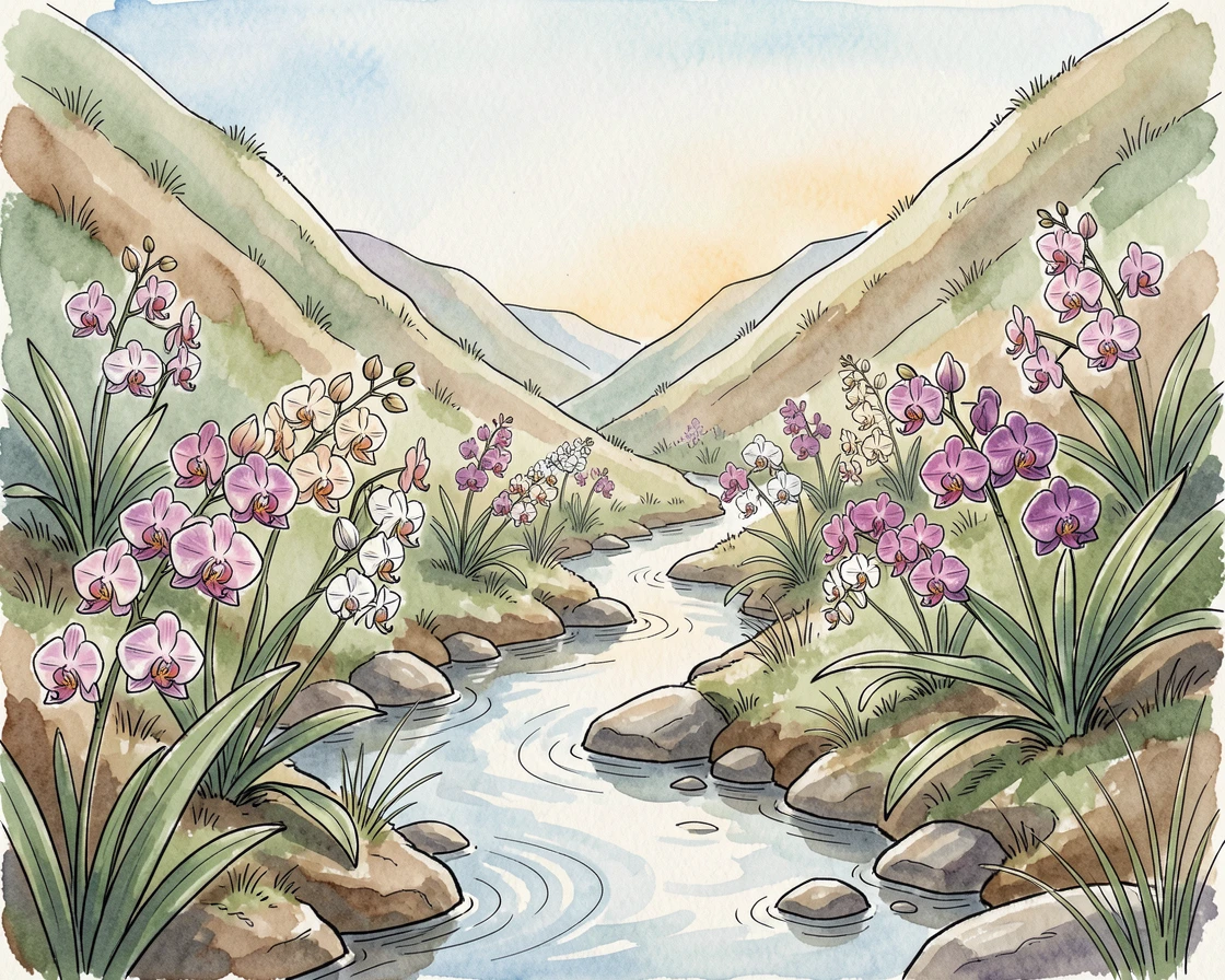 A hidden valley filled with wild orchids beside a trickling stream, a sense of calm and vastness filling the open space.