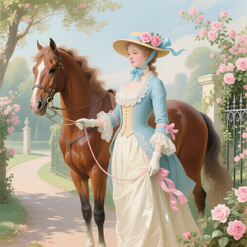 A lady in riding clothes holding the reins of a chestnut horse  