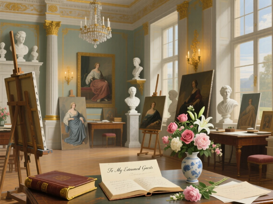 An artist's grand studio filled with half-finished canvases and marble busts awaiting the arrival of guests soon to fill its halls, set within a palace built for generations of nobility, with fresh flowers, open books, and half-finished correspondence scattered about; warm interior light contrasts with cool light spilling in from outside, filled with hushed splendor and architectural harmony.