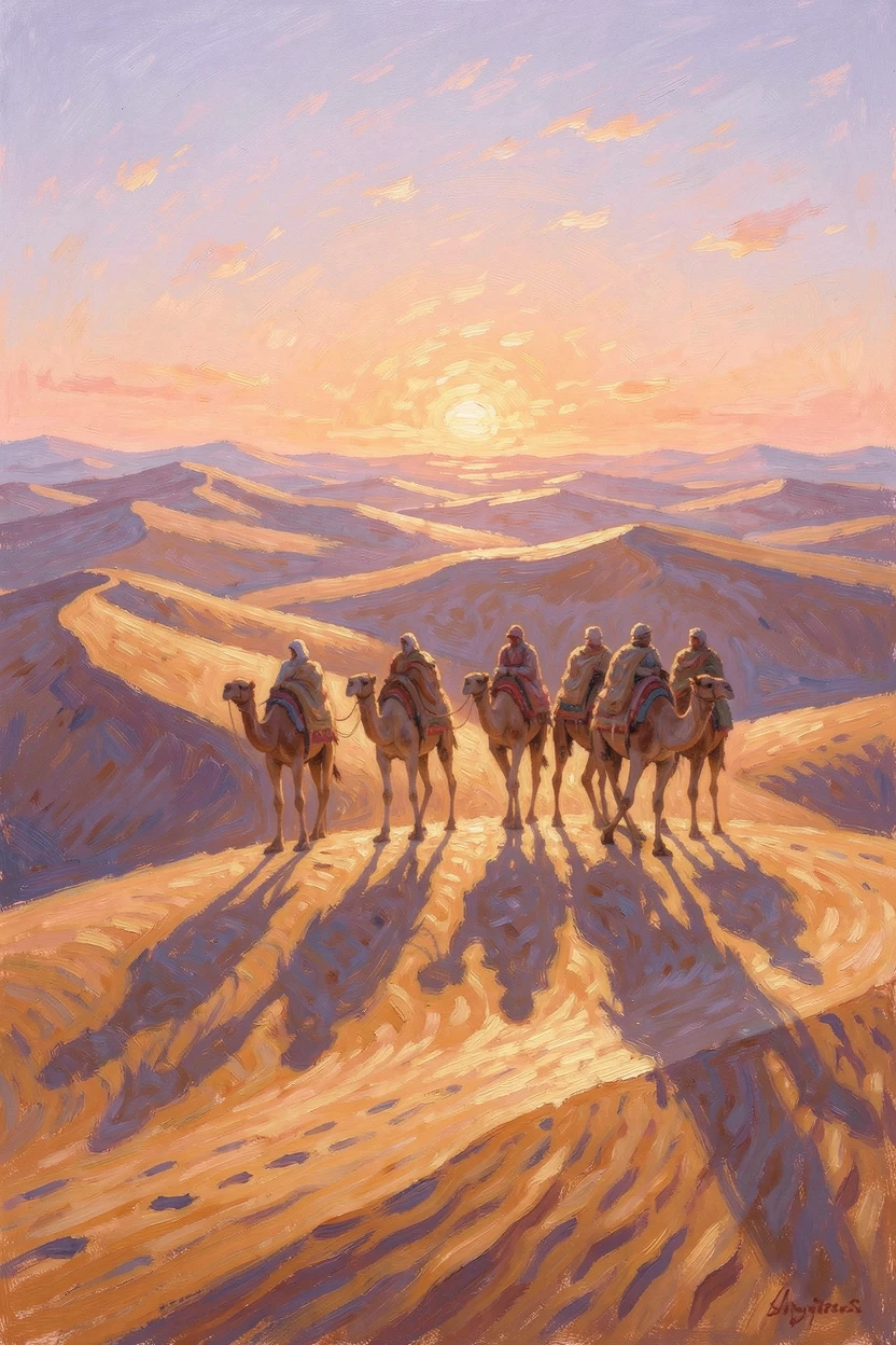 A camel caravan crossing golden Saharan dunes at sunset, long shadows stretching across the sand.
