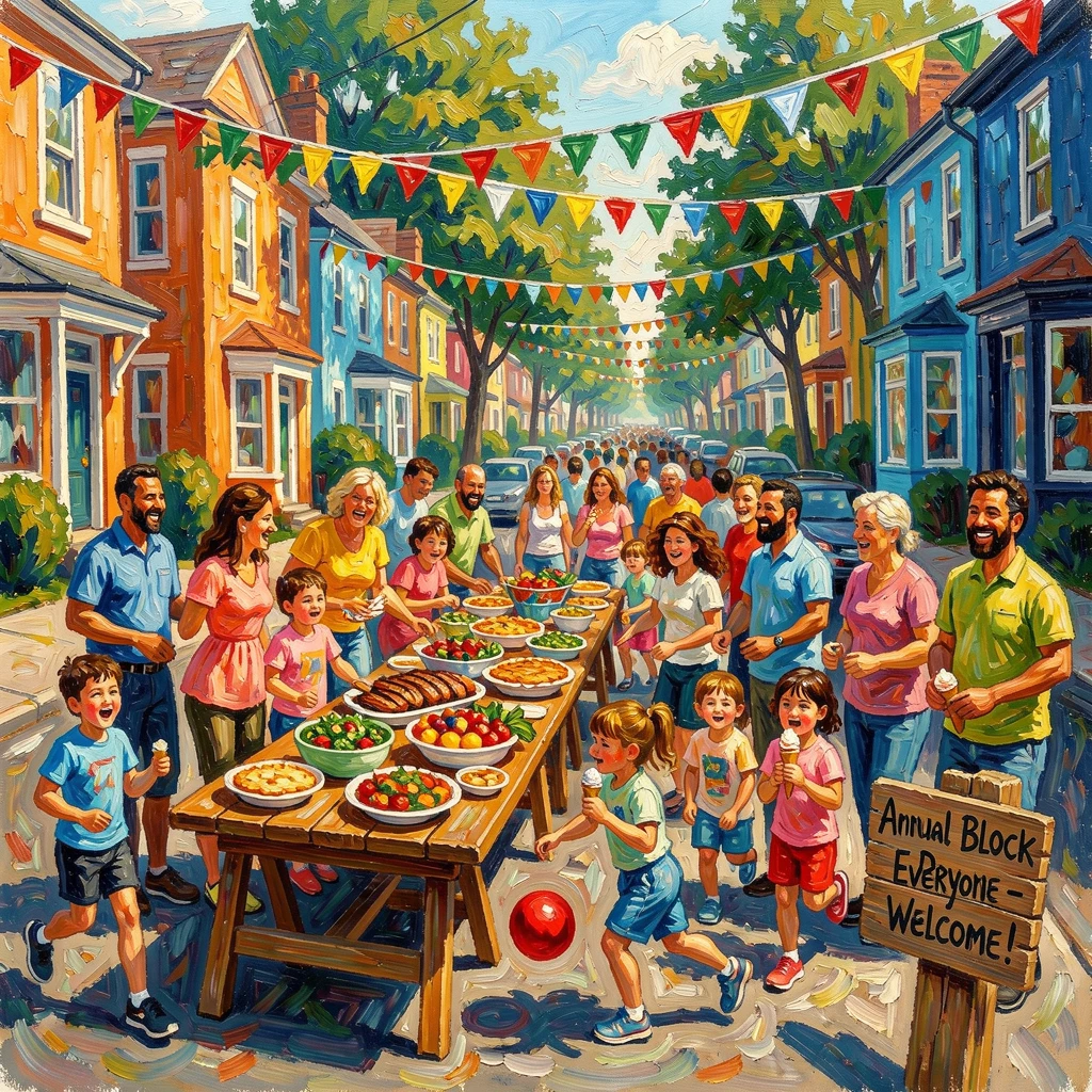 Neighbors gathered for a lively block party with tables of food and children running about.