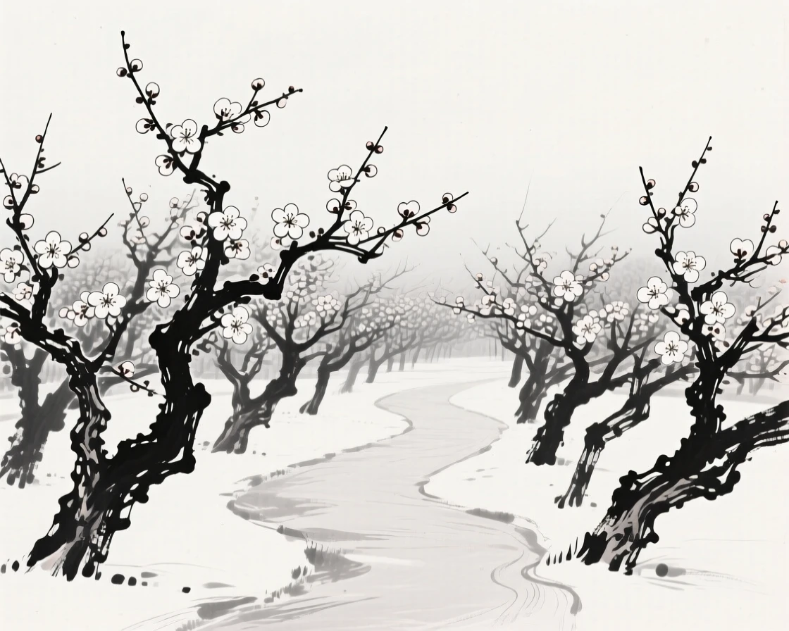 A grove of plum trees blossoms along a quiet garden path, beneath a pale winter sky.