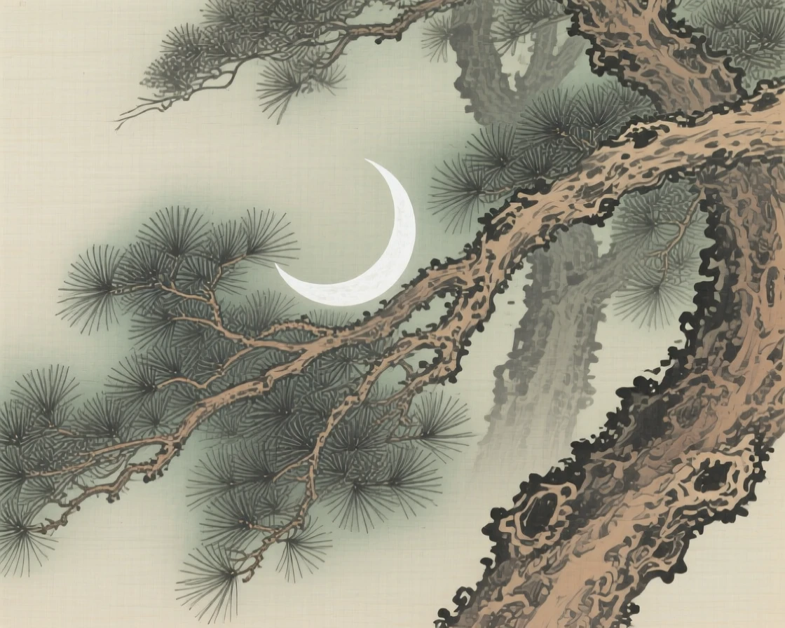 A crescent moon framed by pine branches, framed by the silhouettes of ancient pine trees